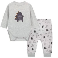 純棉嬰兒長袖夾衣褲仔套裝 - 灰色小恐龍 (男裝)